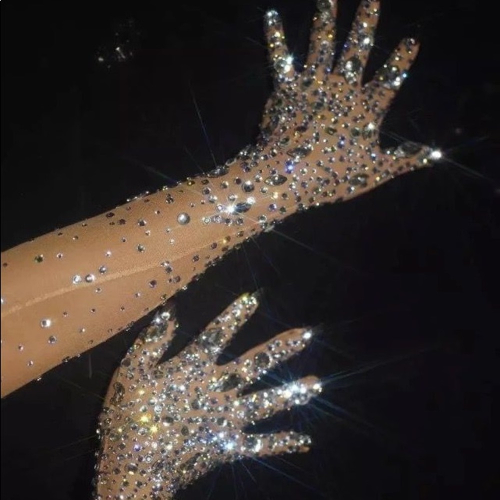 Rhinestones Spandex Elbow Length Gloves Crystals Embellished Long Mittens - Picture 3 of 9
